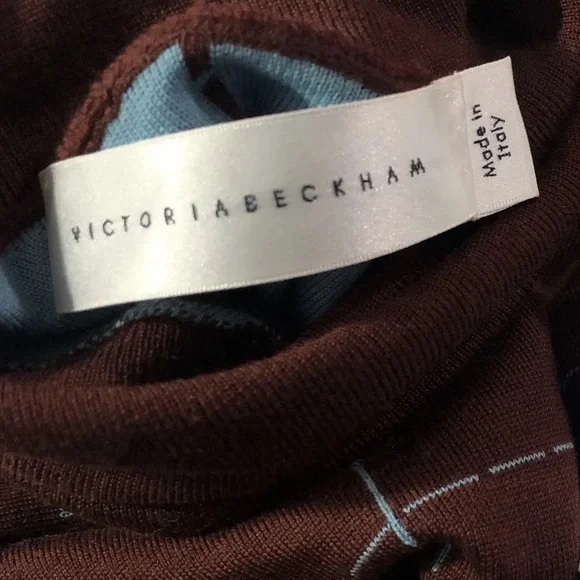 Victoria Beckham Intarsia Turtle Neck Check Plaid Lightweight Sweater Wool NWOT